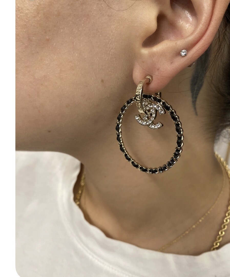 Earrings Chanel XL Black CC on Silver Hoops