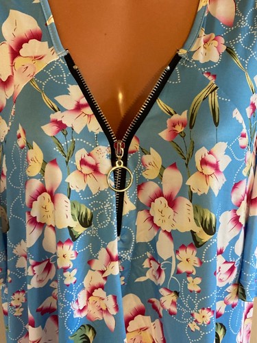Women's Plus Size Bohemian Floral Print Short Sleeve Blue Dress - Picture 3 of 5