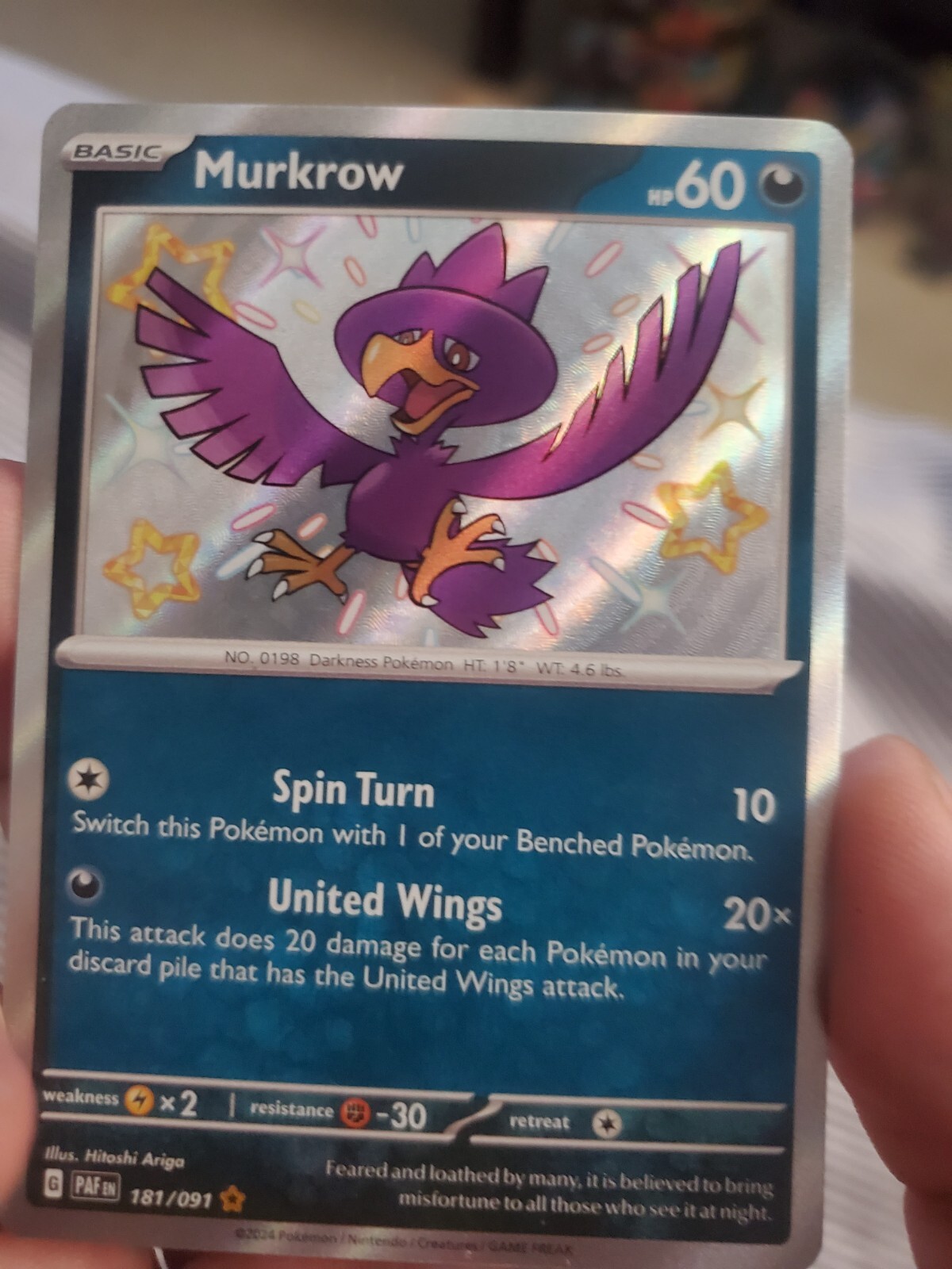 Pokémon TCG Murkrow Scarlet & Violet: Paldean Fates 181/091 Holo Shiny Rare
