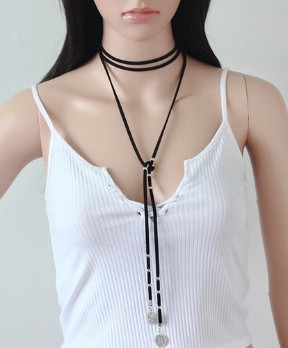 SUEDE LEATHER COIN NECKLACE CHOKER 