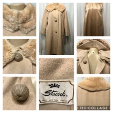 Vtg 50s STROOCK Beige Camel Hair Sheared Beaver FUR Wedding Ring Collar Coat M L