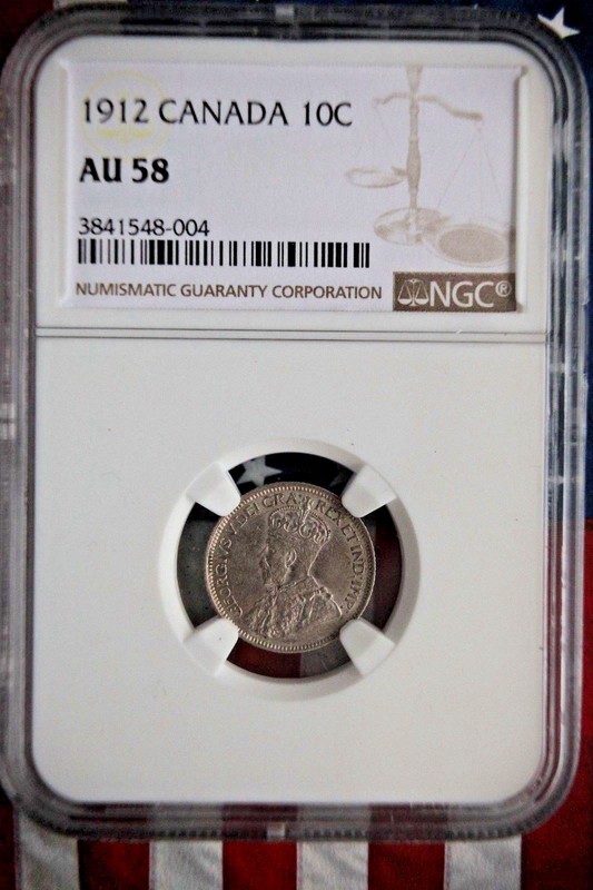 KAPPYSCOINS GH583   1912 CANADA GEORGE TEN 10 CENT TEN CENT NGC AU 58 VERY PQ