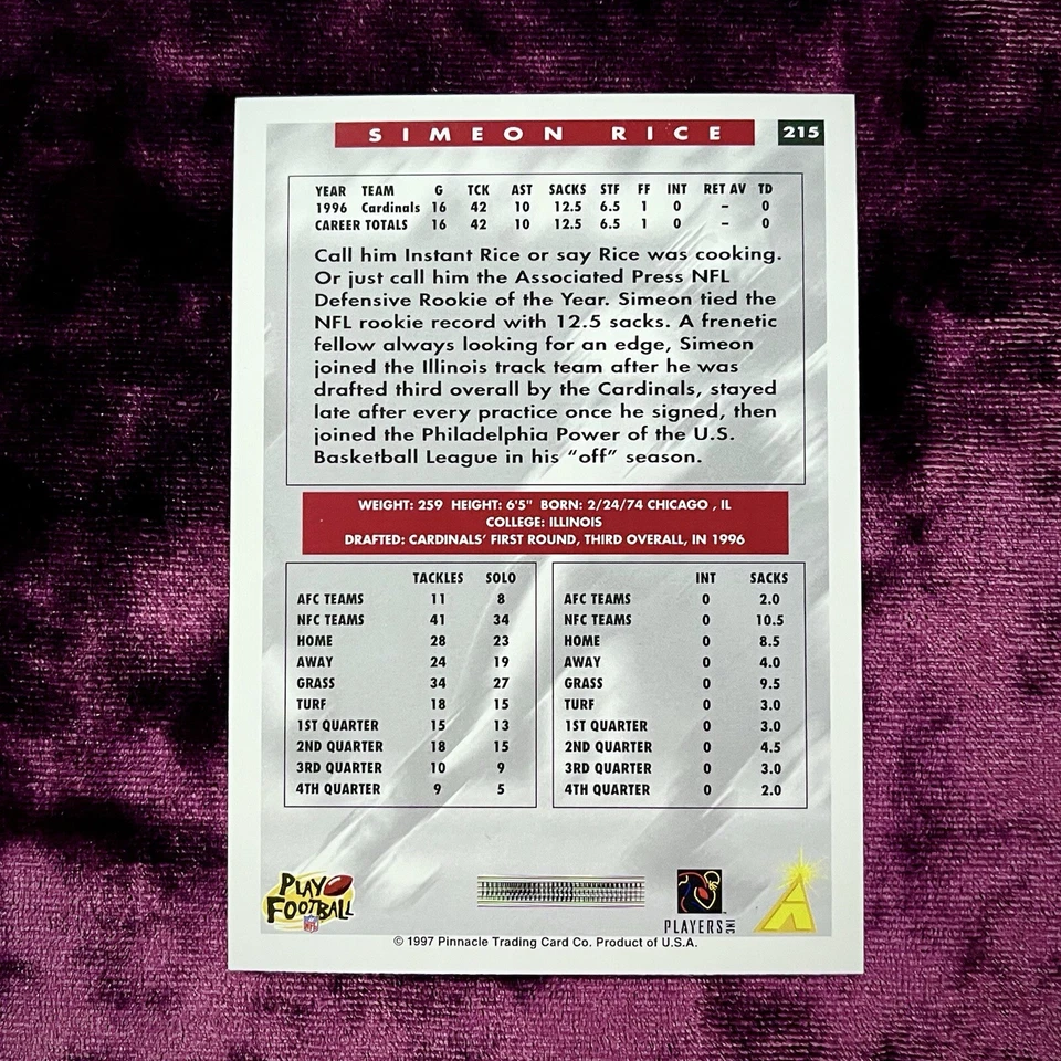 Simeon Rice 1997 Score RC #215 MINT Illinois Legends Cardinals Rookie Jersey SP - Image 2 of 2