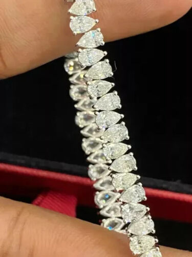 11CT Pear Cut Lab Created Diamond Women's Tennis Bracelet 14K White Gold Finish - Picture 4 of 5