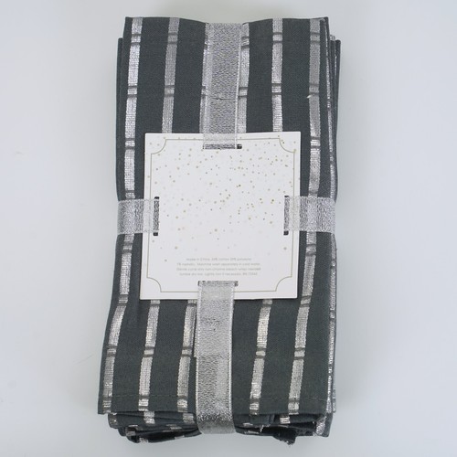 NICOLE MILLER HOME Set 6 TOVAGLIOLI STOFFA GRIGIO SCURO con STRISCE Metallizzate ARGENTO - Foto 4 di 5