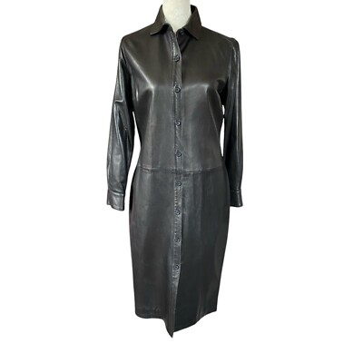 Faconnable women's size XS long black button down collared lambskin leather  coat