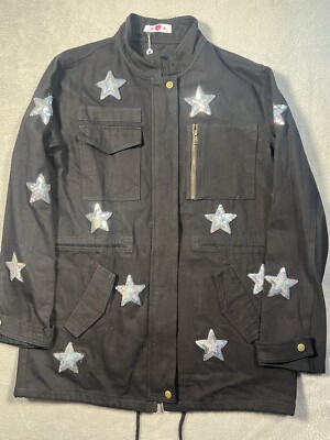 Buddy Love Womens Size Large Cargo Black Denim Alyssa Star Sequin Zip Jacket