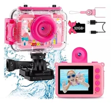 GKTZ Kids Waterproof Camera - 180 Rotatable 1080P HD Children Digital - Pink