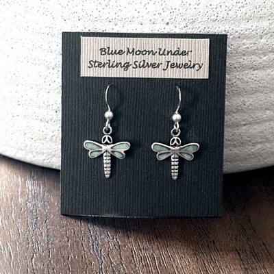 925 Sterling Silver Dragonfly Dangle Earrings with Ceramic Green Stone! NEW!