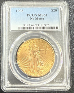 1908 PCGS MS64  No Motto $20 Saint Gaudens Gold Double Eagle