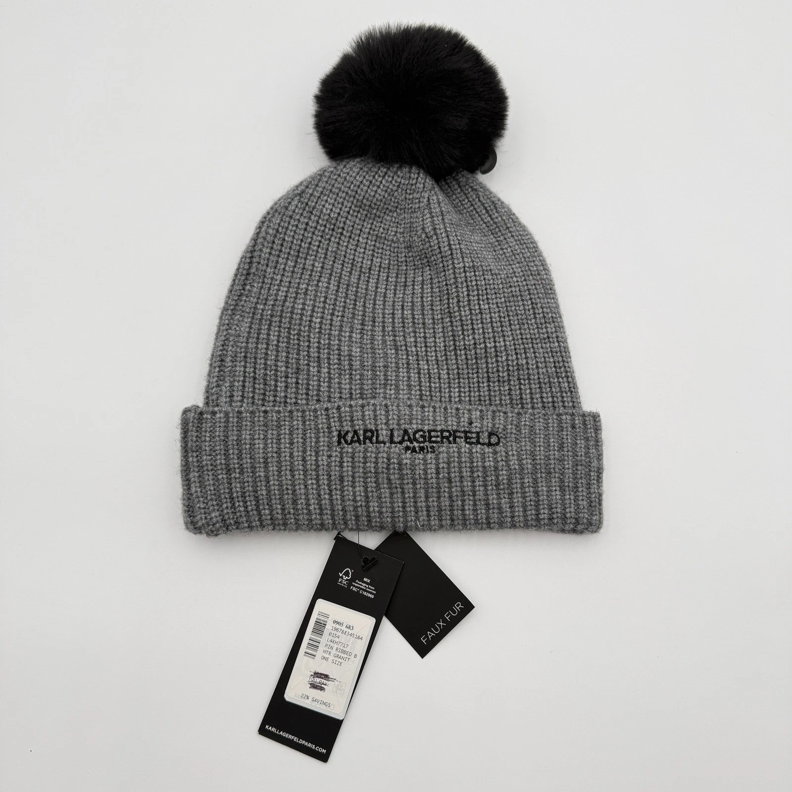 Karl Lagerfeld Paris Women Pom Pom Beanie One Size Gray Ribbed Fleece Lined NWT