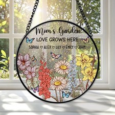 Custom Mom  s Garden Stained Glass with Grandkids  Names  Birth Flowers Gift