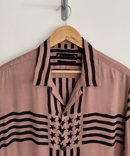 Allsaints “Union” Short Sleeve Shirt Hawaiian Pink Stars & Stripes L/Relaxed - Picture 2 of 11