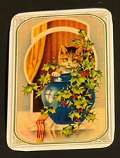(2Z) Modern wide Playing card of a cat in a vase of Holly