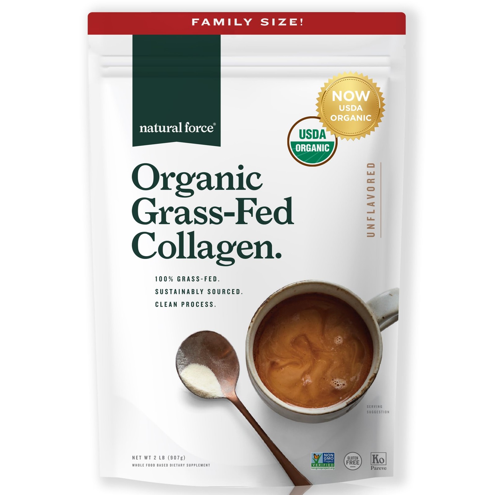 Natural Force Hydrolyzed Collagen Peptides Powder Type I & III - 32oz Unflavored Grass Fed Protein Boost