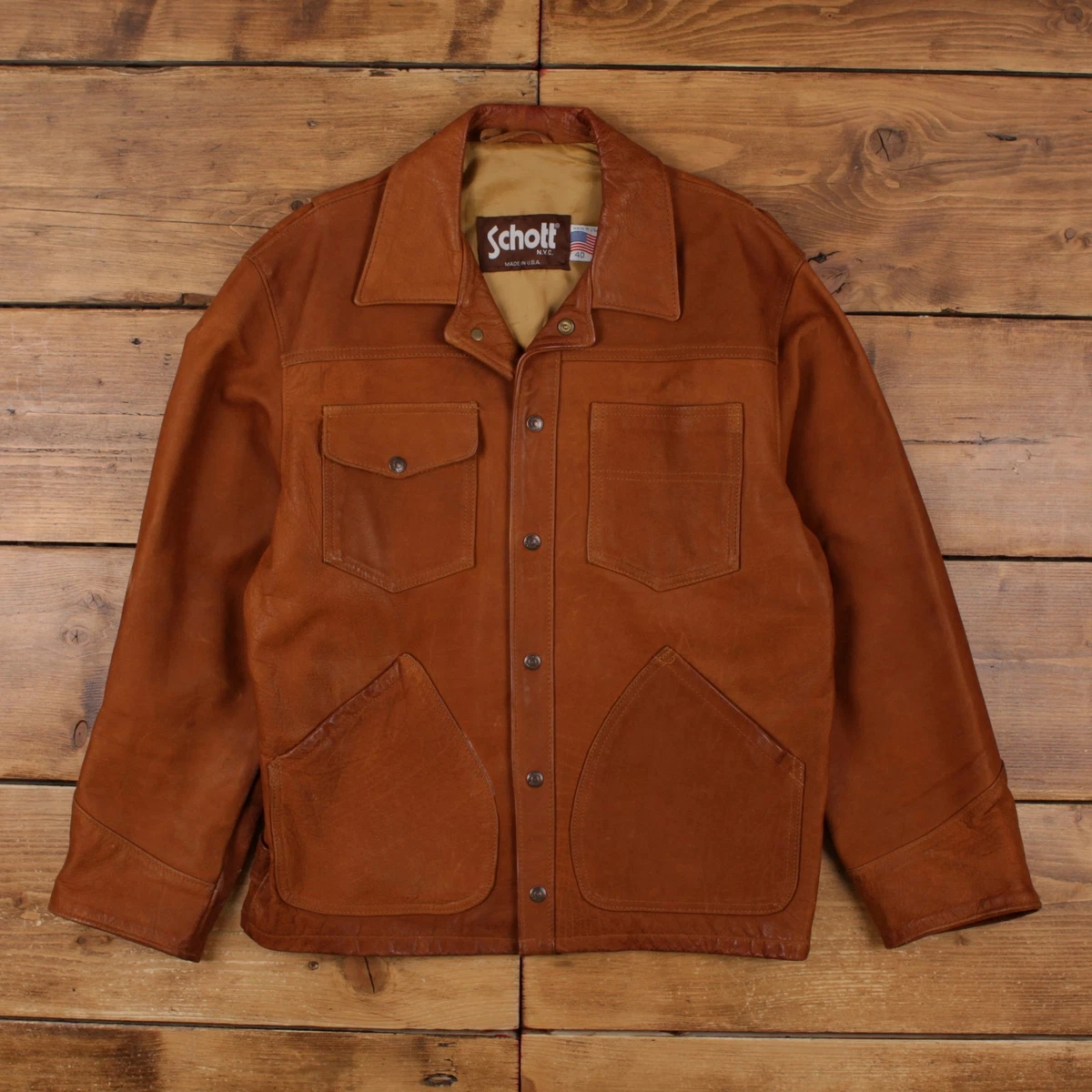 Chaqueta de Cuero Schott De Colección M 40 Para Hombres Años 90 Marrón Hecha en EE. UU. Camionero Bolsillo D