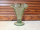 Fenton Green Trumpet Hobnail Vase W/ Fluted Edge Pedestal Base