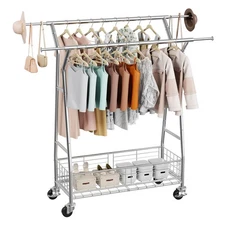 Uimoso Rolling Clothes Garment Rack 2 Hanging Rods & Storage Basket Extendable