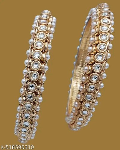 Rajwadi Wedding Bridal Golden Bangle Bollywood Kundan Kada Women Bracelet (2Pcs) - Picture 3 of 3
