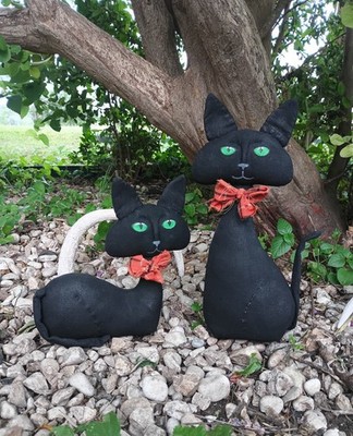 Set of 2 HALLOWEEN BLACK CAT Dolls - Primitive Handmade Folk Art - Poppywise