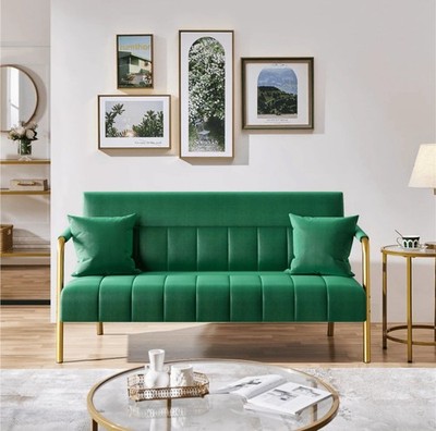 56.6??W Modern Loveseat 2 Seater Sofa Luxurious Velvet Fabric  ( Green)