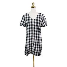 LOFT Woman Size 6 Black White Gingham Linen Rayon Button Front Dress V Neck