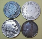 Lot of 4 Old Coins – 1 Indian Head Penny, 1 Lib V 5c, 1 Buffalo 5c & 1 Linc 1c