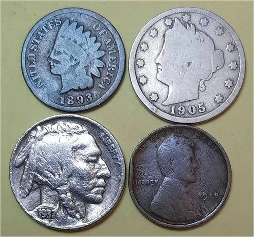 Lot of 4 Old Coins – 1 Indian Head Penny, 1 Lib V 5c, 1 Buffalo 5c & 1 Linc 1c