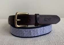 Vineyard Vines Sz 38 Canvas Belt Lighthouse Leather Trim Solid Brass Buckle USA