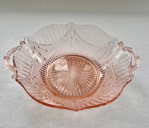 Vintage Pink Depression Glass Handled Bowl Lancaster Dart Art Deco Spring Decor