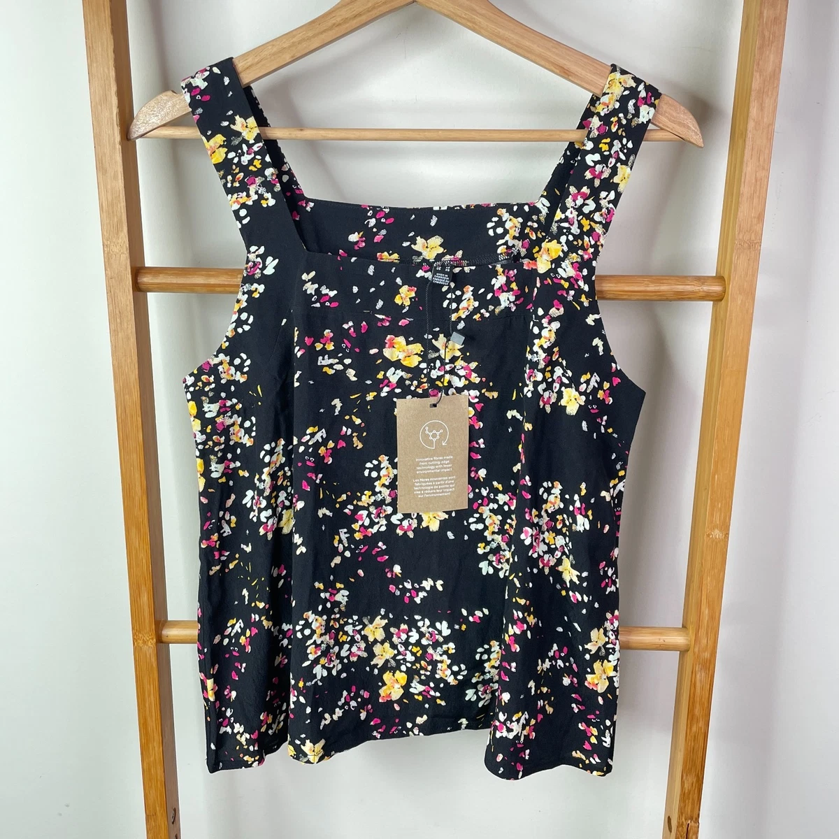 Vero Moda Mila Singlet Tank Top Womens Extra Small Black Floral Square Neck NWT