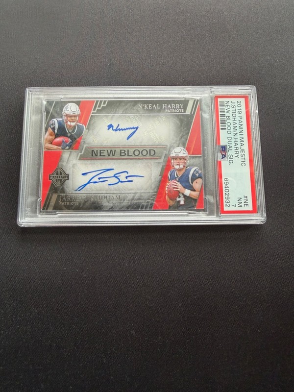 2019 Panini Majestic New Blood Dual Jarrett Stidham N'Keal Harry 1/5 Auto PSA 7
