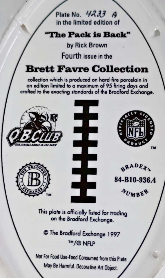 Colección Green Bay Brett Favre 1997 vintage, "The Pack is Back", placa #4233-A Foto 3 de 3