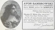 Opera Tenor AVON BAMBROWSKI Photo & Signature Simplex Piano Player 1903 Print Ad