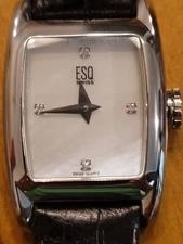 ESQ Ladies Watch leather bands Swiss Quart, 4 genuine diamond New Battery. Read