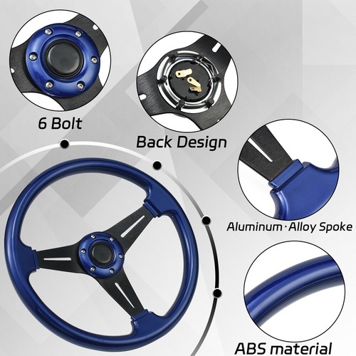 Universal 340mm Car Racing Deep Dish Steering Wheel 6 Bolts Grip with Horn Blue - Picture 10 of 13