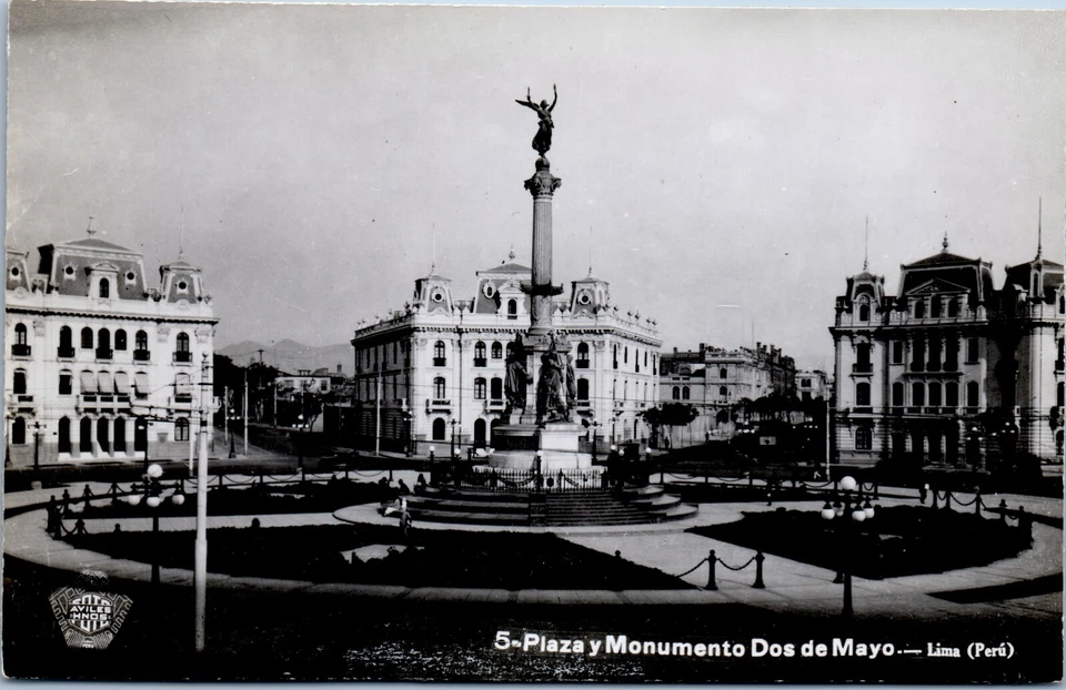 Plaza y Monumento Dos De Mayo Lima Peru B&W RPPC Postcard Vintage Downtown City - Image 3 of 3
