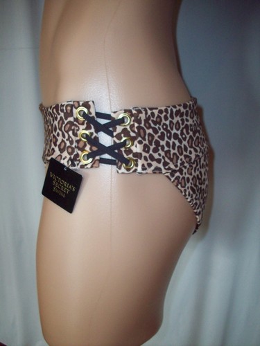 BIKINI NUOVO CON ETICHETTE VICTORIA'S SECRET LEOPARDATO ANIMALE CORSETTO CRAVATTA LATERALE FONDO NUOTO X-SMALL - Foto 3 di 3