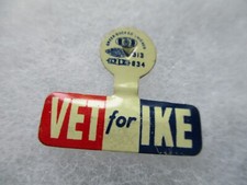 Dwight Eisenhower Vet For IKE Tab Campaign Pin Back 1952 Presidential Button