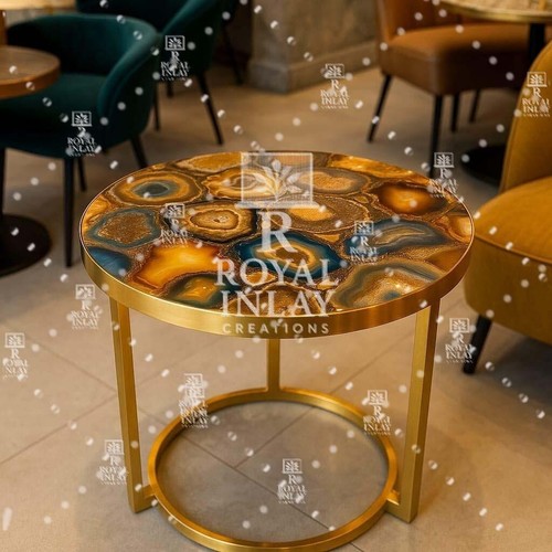 15” Golden Brown Agate Round Side Table | Handmade Natural Agate Luxury Accent - Picture 2 of 16