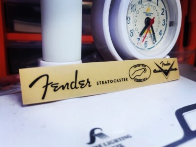 2Pcs FENDER STRAT Custom Shop Guitar Headstock Self-Adhesive Metal Sticker Black