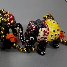 Vtg LARGE Handmade Indian 10 Elephant Hanging Garland Beaded String W Bells BOHO