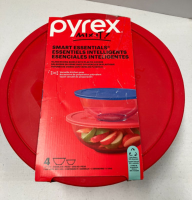 Pyrex Smart Essentials BLUE 2.5 & RED Glass 4 q Rimmed Mixing Bowls w/ LIDS   26