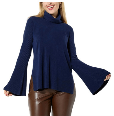DG2 by Diane Gilman Lux Touch Flounce-Sleeve Turtleneck sweater navy sz 1X NWT