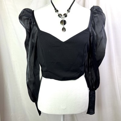 Winnie & Co. Black Cropped Top NWT Sheer Sleeves W/ Smocked Cuff Sz 12 Goth Chic