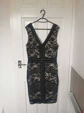 Oasis Black Lace Bodycon Dress Nude Underlay V-Neck Wiggle Pencil Sheath - Sz M