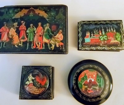 Vintage Russian, Palekh, Lacquered Papier Mache, Hand Painted Folk Art Boxes/4