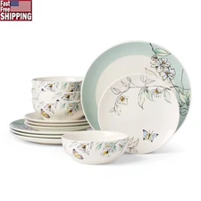 12 Piece Porcelain Dinnerware Set Service 4 Dishwasher Microwave Safe Butterfly