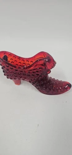 Fenton Art Glass Hobnail Ruby Red Cat Head Shoe 6" With Sticker Tag