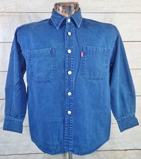 Vintage Levis Shirt Boys M 12-14 Blue Cotton Long Sleeve Western Metal Button